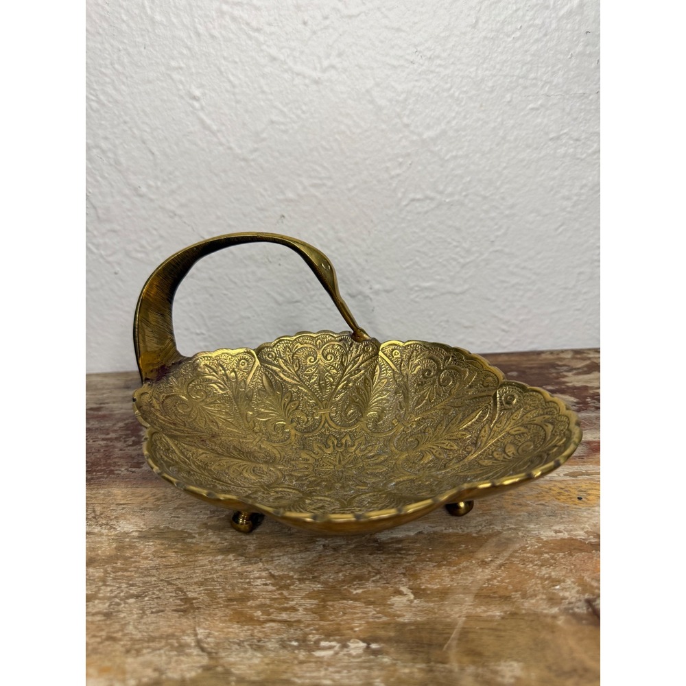 Vintage Etched Brass Trinket Bowl Swan Neck Handle Footed MCM